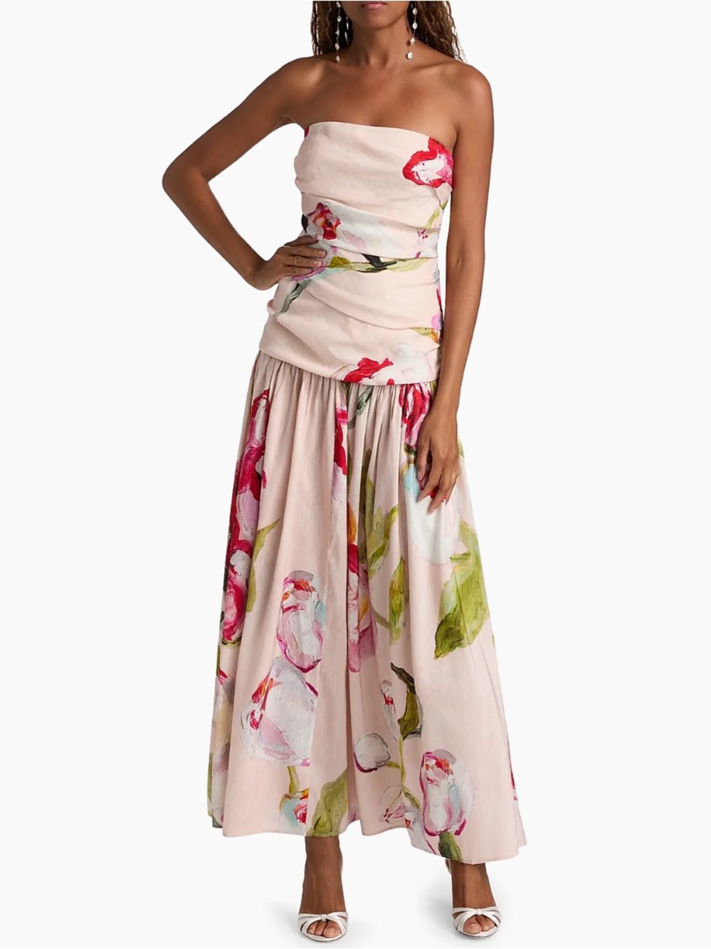 Acler Nershall Watercolor Pintucked Strapless Maxi Dress